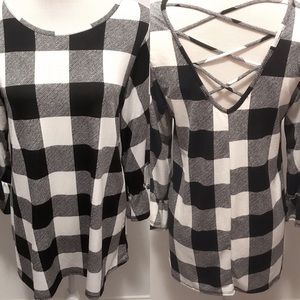NOW N FOREVER black buffalo plaid ruffle sleeve